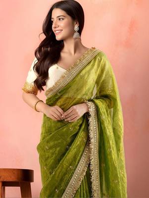 Green embellished zari tissue saree 3