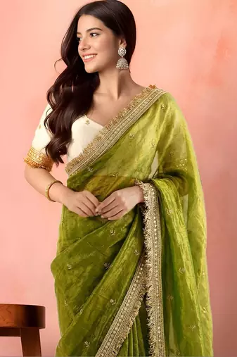 Green embellished zari tissue saree