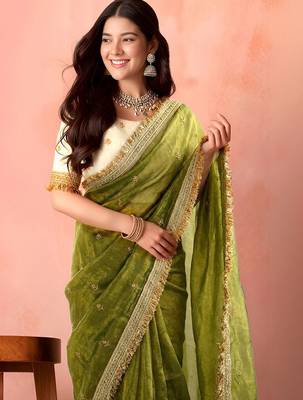 Green embellished zari tissue saree 5