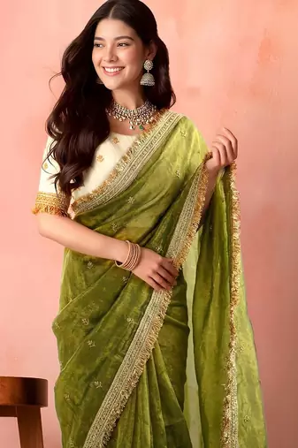 Green embellished zari tissue saree