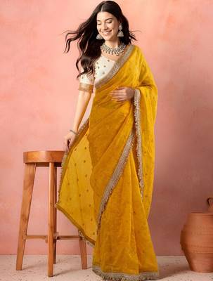 Yellow embellished zari tissue designer saree 1