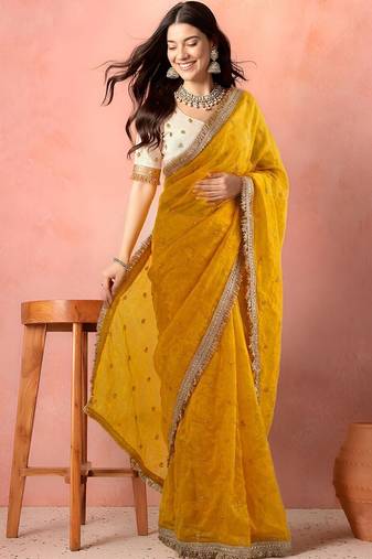 Yellow embellished zari tissue designer saree