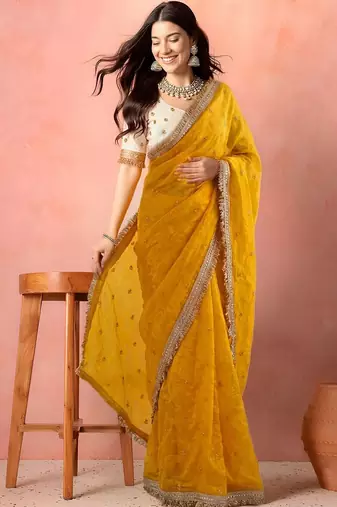 Yellow embellished zari tissue designer saree