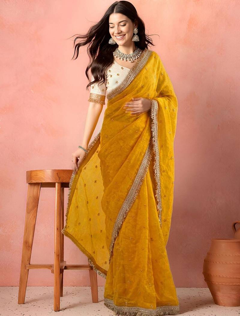 Yellow embellished zari tissue designer saree
