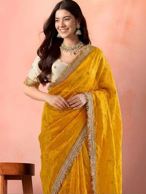 Yellow embellished zari tissue designer saree 3