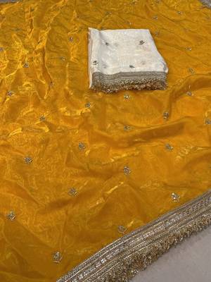 Yellow embellished zari tissue designer saree 4