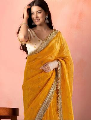 Yellow embellished zari tissue designer saree 5