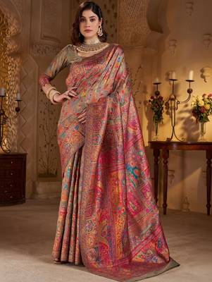 Multicolor ethnic motifs silk blend heavy work banarasi saree 1