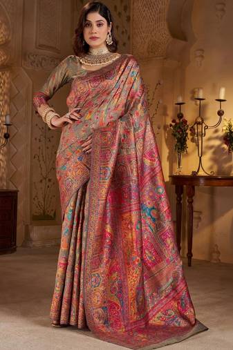Multicolor ethnic motifs silk blend heavy work banarasi saree