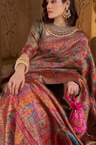 Multicolor ethnic motifs silk blend heavy work banarasi saree