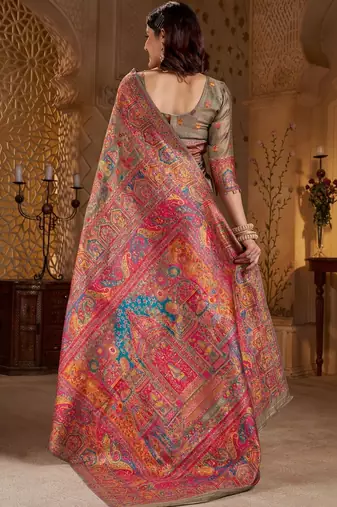Multicolor ethnic motifs silk blend heavy work banarasi saree