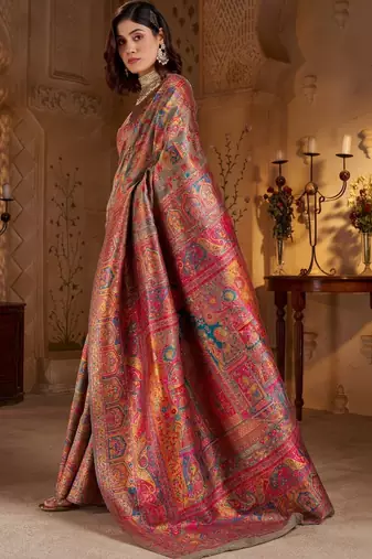 Multicolor ethnic motifs silk blend heavy work banarasi saree