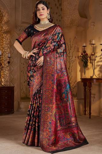 Black ethnic motifs silk blend heavy work banarasi saree