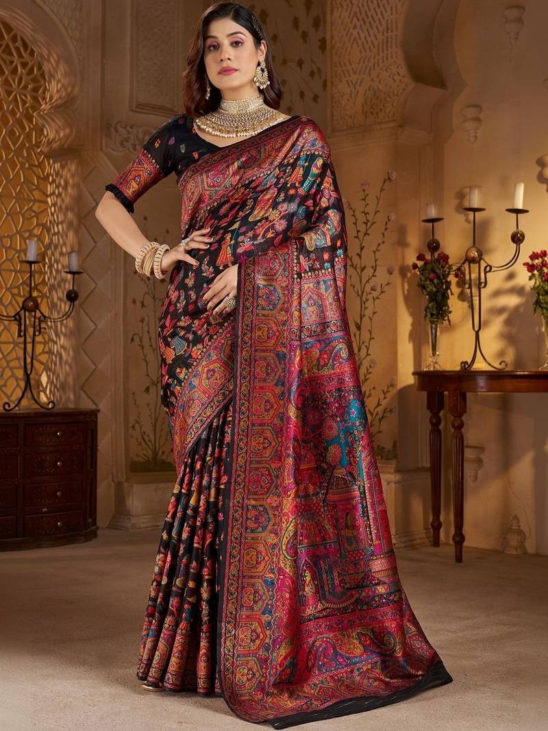 Black ethnic motifs silk blend heavy work banarasi saree