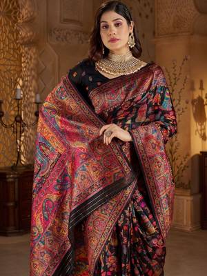 Black ethnic motifs silk blend heavy work banarasi saree 2