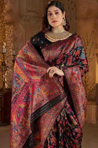 Black ethnic motifs silk blend heavy work banarasi saree