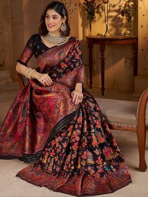 Black ethnic motifs silk blend heavy work banarasi saree 4