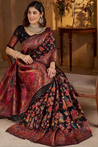 Black ethnic motifs silk blend heavy work banarasi saree