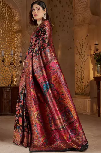 Black ethnic motifs silk blend heavy work banarasi saree
