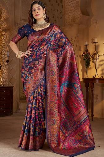 Navy blue ethnic motifs zari silk blend heavy work banarasi saree