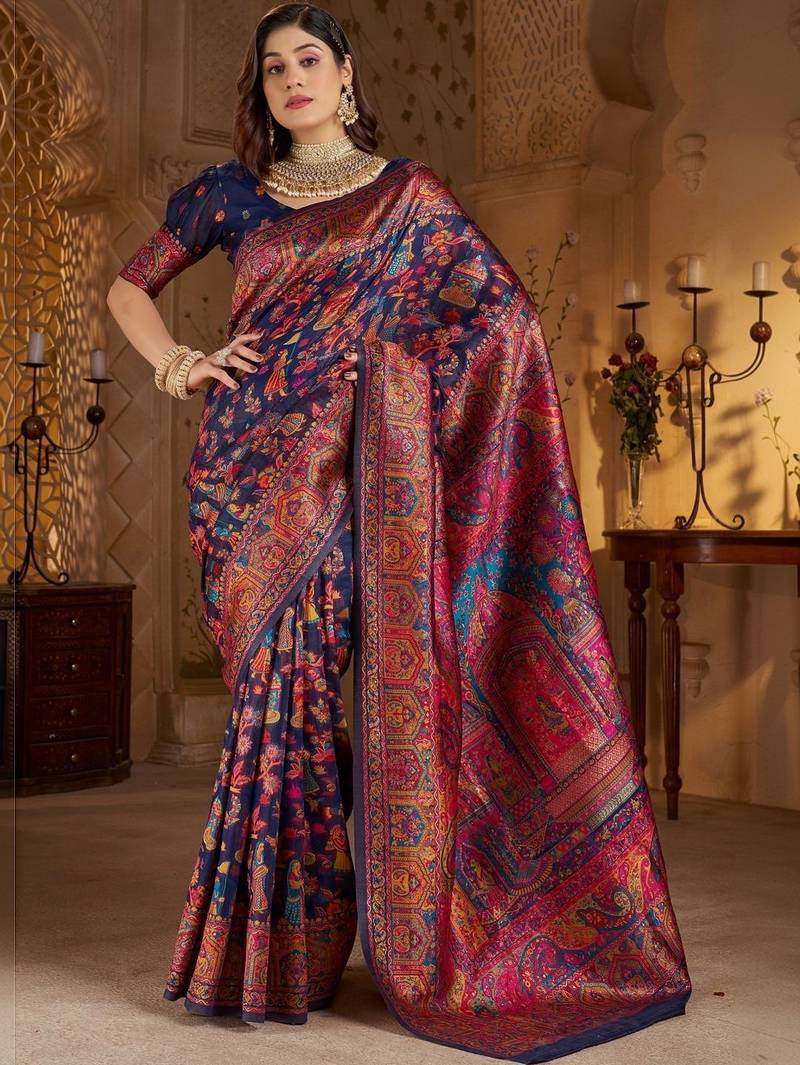 Navy blue ethnic motifs zari silk blend heavy work banarasi saree