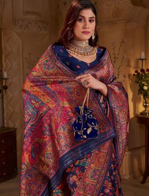 Navy blue ethnic motifs zari silk blend heavy work banarasi saree 2