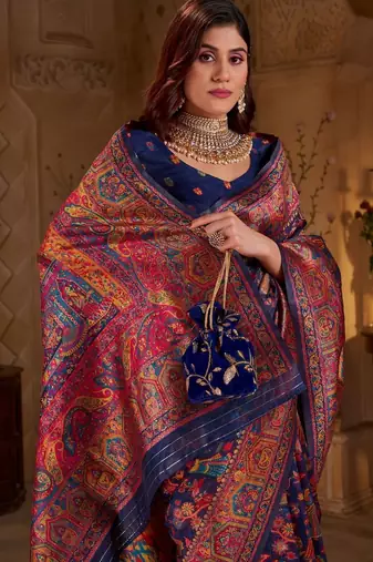 Navy blue ethnic motifs zari silk blend heavy work banarasi saree