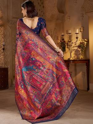 Navy blue ethnic motifs zari silk blend heavy work banarasi saree 3