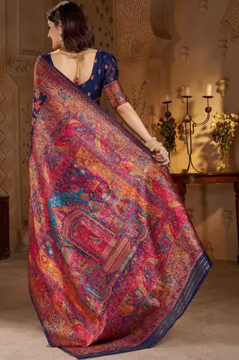 Navy blue ethnic motifs zari silk blend heavy work banarasi saree
