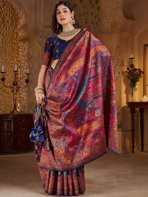 Navy blue ethnic motifs zari silk blend heavy work banarasi saree 4