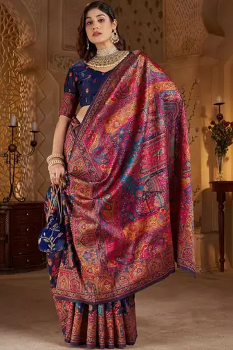 Navy blue ethnic motifs zari silk blend heavy work banarasi saree