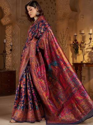 Navy blue ethnic motifs zari silk blend heavy work banarasi saree 5