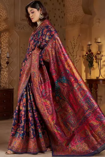 Navy blue ethnic motifs zari silk blend heavy work banarasi saree