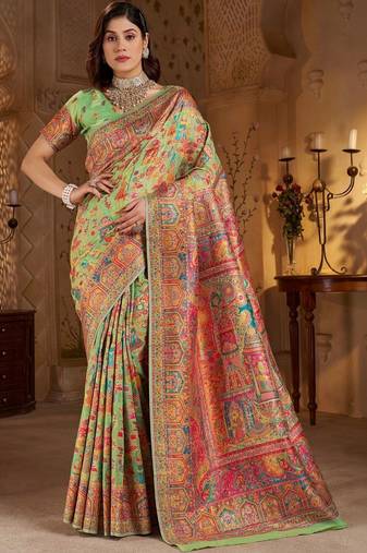 Lime ethnic motifs embroidered silk blend heavy work banarasi saree