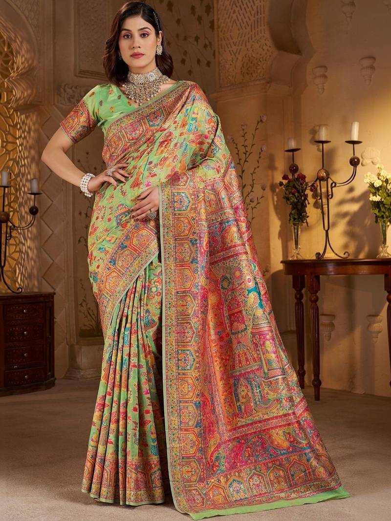 Lime ethnic motifs embroidered silk blend heavy work banarasi saree