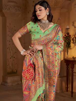 Lime ethnic motifs embroidered silk blend heavy work banarasi saree 2
