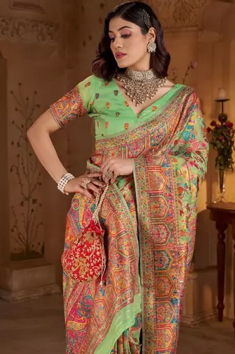 Lime ethnic motifs embroidered silk blend heavy work banarasi saree
