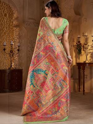 Lime ethnic motifs embroidered silk blend heavy work banarasi saree 3