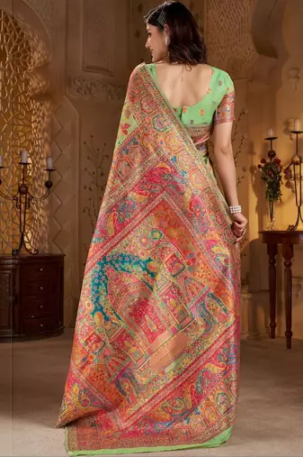 Lime ethnic motifs embroidered silk blend heavy work banarasi saree