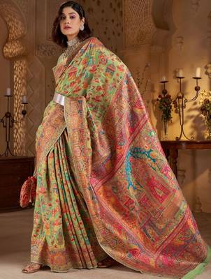 Lime ethnic motifs embroidered silk blend heavy work banarasi saree 4