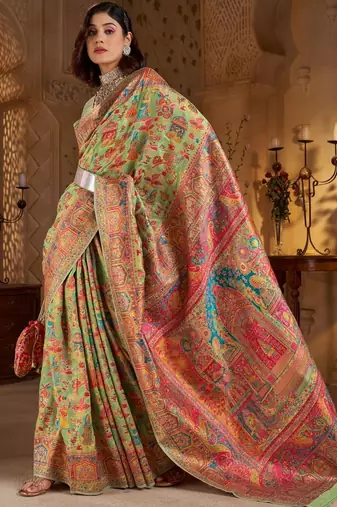 Lime ethnic motifs embroidered silk blend heavy work banarasi saree