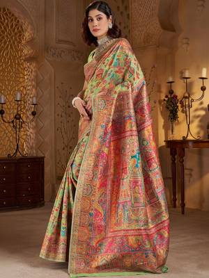 Lime ethnic motifs embroidered silk blend heavy work banarasi saree 5