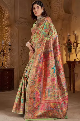 Lime ethnic motifs embroidered silk blend heavy work banarasi saree