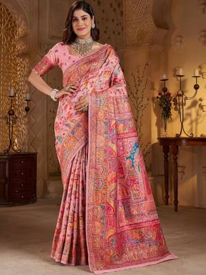 Pink ethnic motifs embroidered silk blend heavy work banarasi saree 1