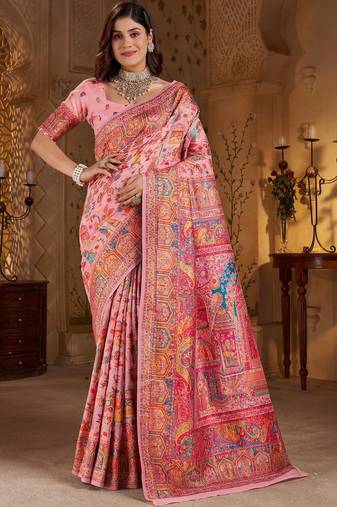 Pink ethnic motifs embroidered silk blend heavy work banarasi saree