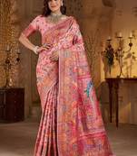 Pink ethnic motifs embroidered silk blend heavy work banarasi saree