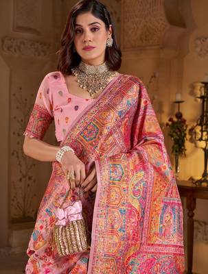 Pink ethnic motifs embroidered silk blend heavy work banarasi saree 2