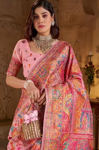 Pink ethnic motifs embroidered silk blend heavy work banarasi saree