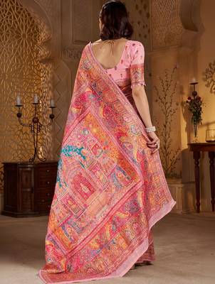 Pink ethnic motifs embroidered silk blend heavy work banarasi saree 3