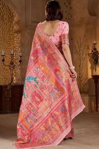 Pink ethnic motifs embroidered silk blend heavy work banarasi saree